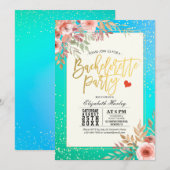Invitation Chic Bachelorette Party rose Floral Turquoise Gold (Devant / Derrière)