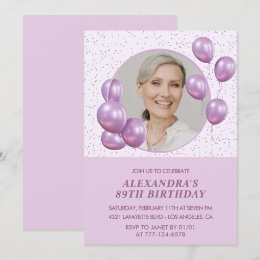 Invitation Chic Ballons Violets Photo 89e annivers (Devant / Derrière)