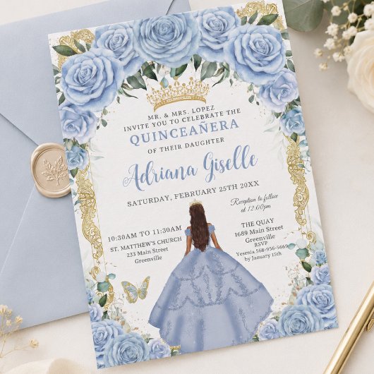Invitation Chic Bébé Fleurs Bleues Marron Princesse Quinceañe