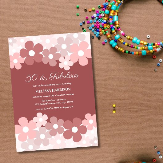 Invitation Chic Beige Pêche Fleur Brown 50 Fabuleux anniversa