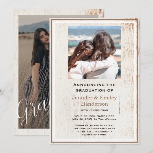 Invitation Chic Beige photo double graduation Announcement (Devant / Derrière)