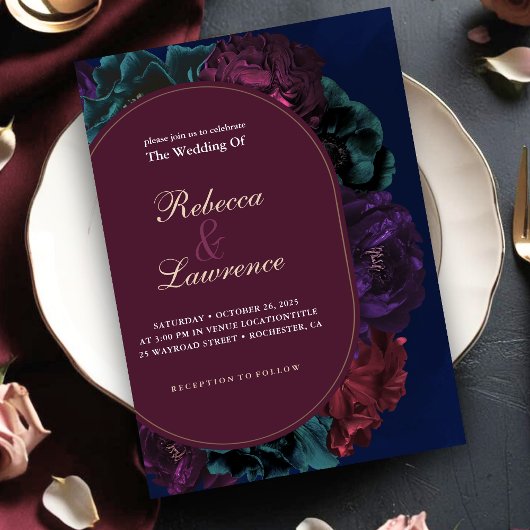 Invitation Chic bijou tons floral bordeaux marine mariage