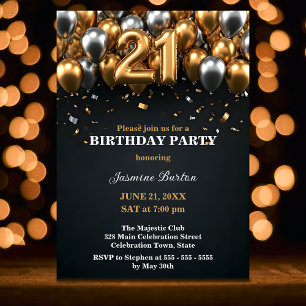 Invitation Chic Black and Gold Silver Balloon 21e anniversair