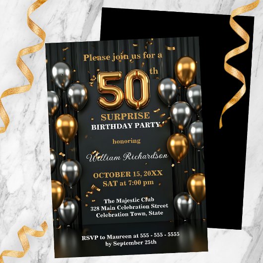 Invitation Chic Black and Gold Silver Balloon 50e anniversair