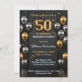 Invitation Chic Black and Gold Silver Balloon 50e anniversair (Devant)