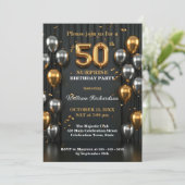 Invitation Chic Black and Gold Silver Balloon 50e anniversair (Debout devant)
