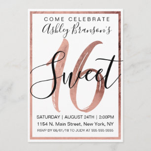 Invitation Chic Black and White Faux Rose Gold Foil Sweet 16
