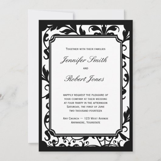 Invitation chic Black and White Mariage damassé (Devant)