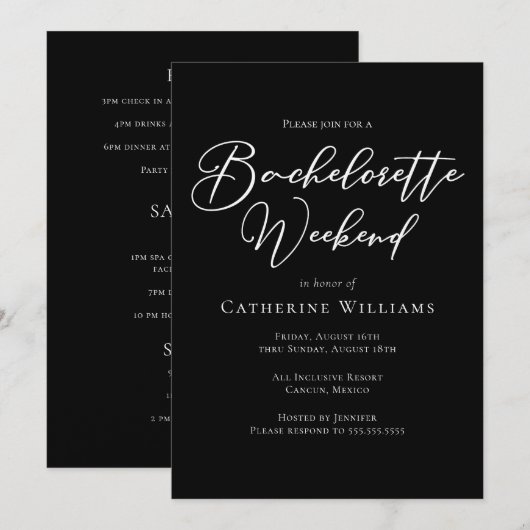 Invitation Chic Black Bachelorette Weekend Minimalist (Devant / Derrière)
