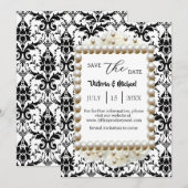 Invitation Chic Black $ Blanc Damask Pearl Économisez-Le-Date (Devant / Derrière)