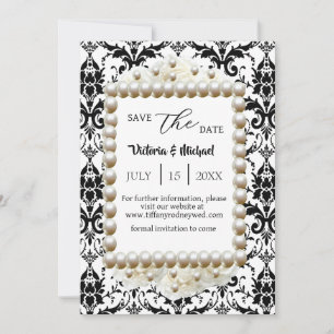 Invitation Chic Black $ Blanc Damask Pearl Économisez-Le-Date