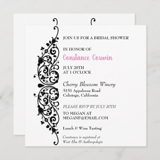 Invitation Chic Black Bordure Bridal Douche (Devant / Derrière)