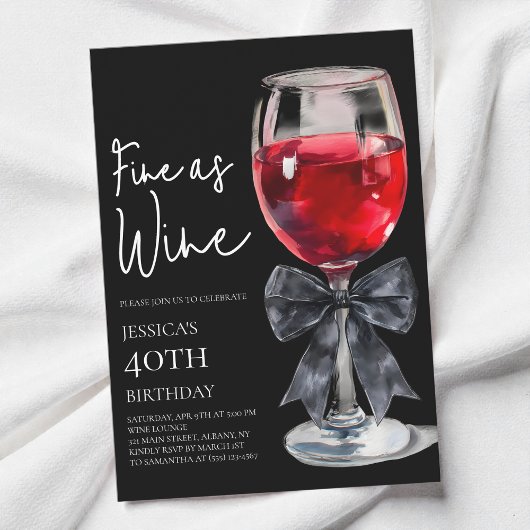 Invitation Chic Black Bow Fine as Wine 40th Birthday Party