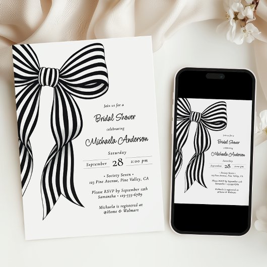 Invitation Chic Black Coquette Bow Striped Bridal Shower Invi