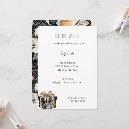 Invitation Chic Black Cream Leopard Floral Anniversaire (Devant/Arrière en situation)