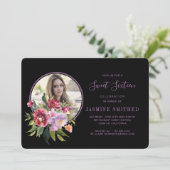 Invitation Chic Black Floral à thème photo Sweet 16 (Debout devant)