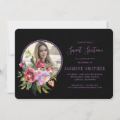 Invitation Chic Black Floral à thème photo Sweet 16 (Devant)