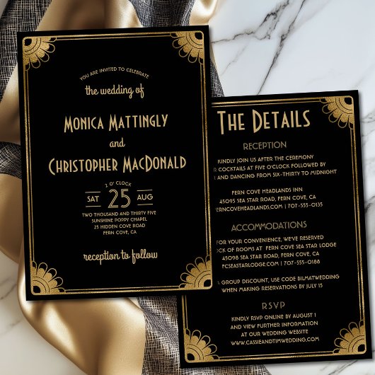Invitation Chic Black Gold Art Déco Floral All-in-One Mariage