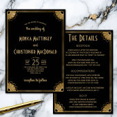 Invitation Chic Black Gold Art Déco Floral All-in-One Mariage