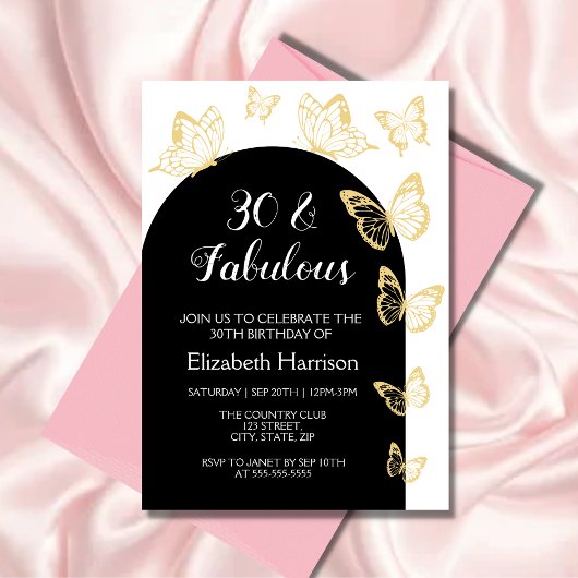 Invitation Chic Black Gold Butterflies Fabuleux Anniversaire