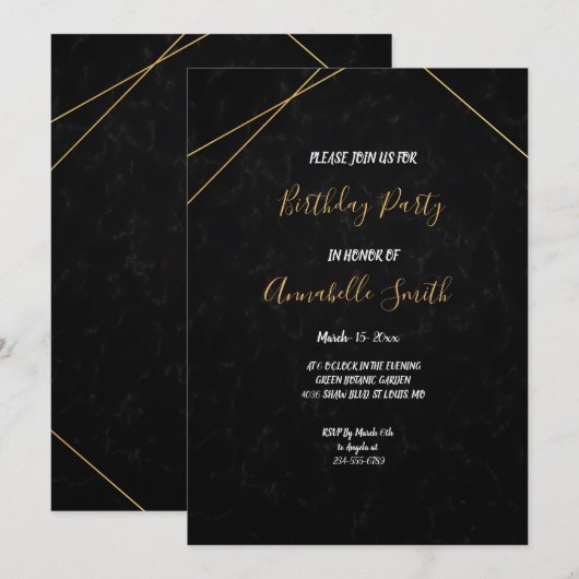 Invitation Chic Black & Gold Cadre géométrique Anniversaire (Devant / Derrière)