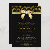 Invitation Chic Black Gold Chevrons Diamond Bow Fête des mari (Devant / Derrière)