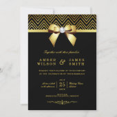 Invitation Chic Black Gold Chevrons Diamond Bow Mariage (Devant)
