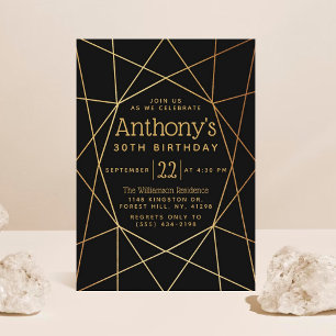 Invitation Chic Black & Gold Foil Motif géométrique Anniversa