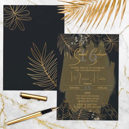 Invitation Chic Black Gold Glittery Tropical Foliage Sweet 16