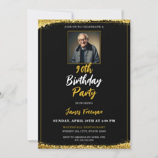 Invitation Chic Black & Gold Photo 90e anniversaire (Devant)