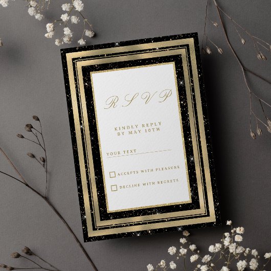 Invitation Chic black gold sparkly glitter confetti RSVP