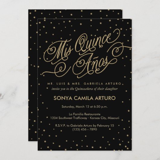 Invitation Chic Black & Gold Stars Quinceañera 15e anniversai (Devant / Derrière)