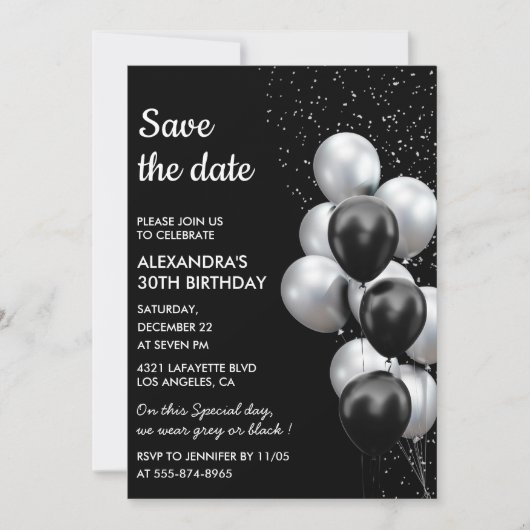 Invitation Chic Black Grey Balloon 30e Enregistrer la date (Devant)