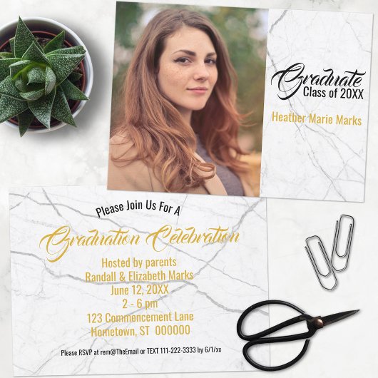 Invitation Chic Black Marble Blanc Gold Photo Graduation