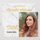 Invitation Chic Black Marble Blanc Gold Photo Graduation (Devant / Derrière)