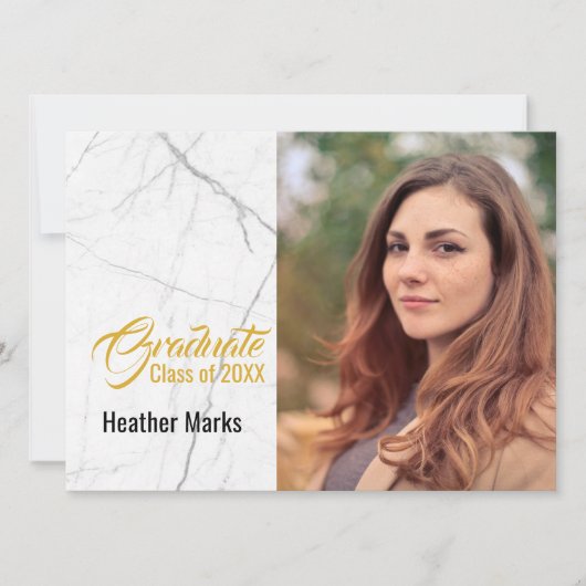 Invitation Chic Black Marble Blanc Gold Photo Graduation (Devant)