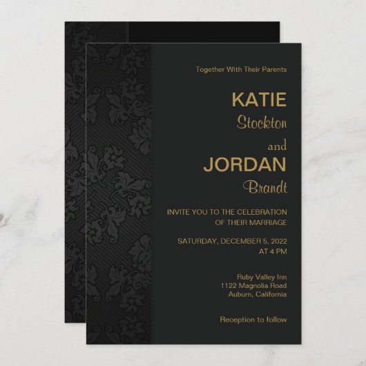 Invitation Chic Black Mariage damassé (Devant / Derrière)
