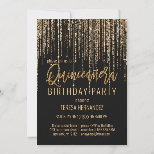 Invitation Chic Black Parties scintillant d'or rideau Fringe  (Devant)
