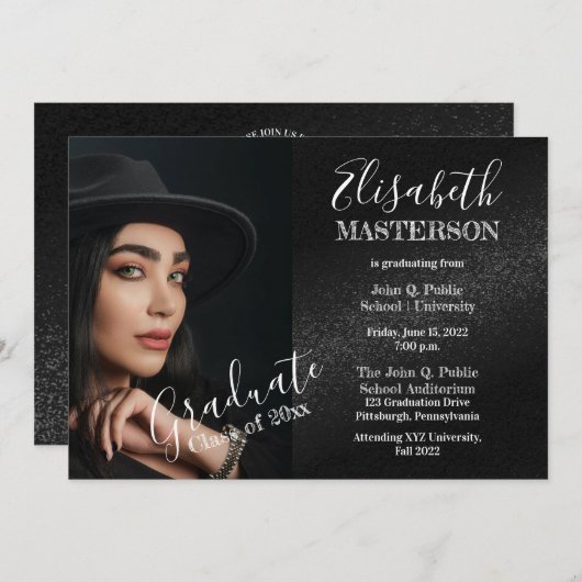 Invitation Chic Black Photo Graduation Party (Devant / Derrière)