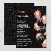 Invitation Chic Black Rose Gold Balloon 30e Enregistrer la da (Devant / Derrière)