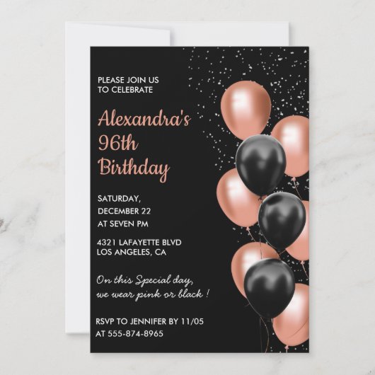 Invitation Chic Black Rose or Ballons 96e anniversaire (Devant)