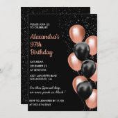 Invitation Chic Black Rose or Ballons 97e anniversaire (Devant / Derrière)