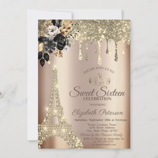 Invitation Chic Black Rose Tour Eiffel Roulettes Or Sweet 16 (Devant)