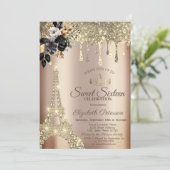 Invitation Chic Black Rose Tour Eiffel Roulettes Or Sweet 16 (Debout devant)