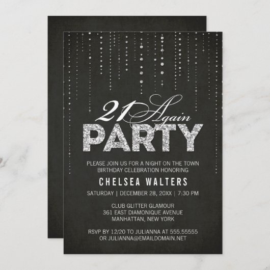 Invitation Chic Black & Silver 21 Encore fête d'anniversaire (Devant / Derrière)