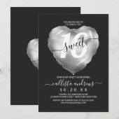 Invitation Chic Black Silver Foil Coeur Balloon Sweet 16 (Devant / Derrière)