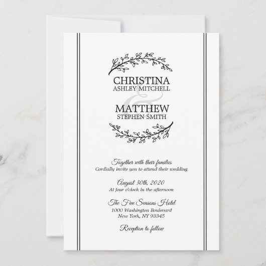 Invitation Chic Black White Laurel Branches de courroie MARIA (Devant)