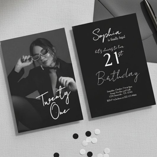 Invitation Chic Black & White Modern21st Photo Birthday
