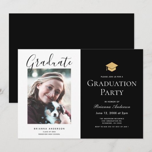 Invitation Chic Black & White Photo Graduation Party (Devant / Derrière)
