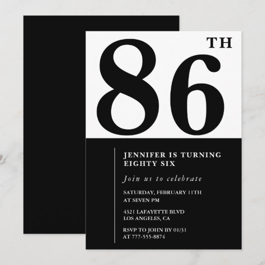 Invitation Chic Black White pour son 86e anniversaire (Devant / Derrière)